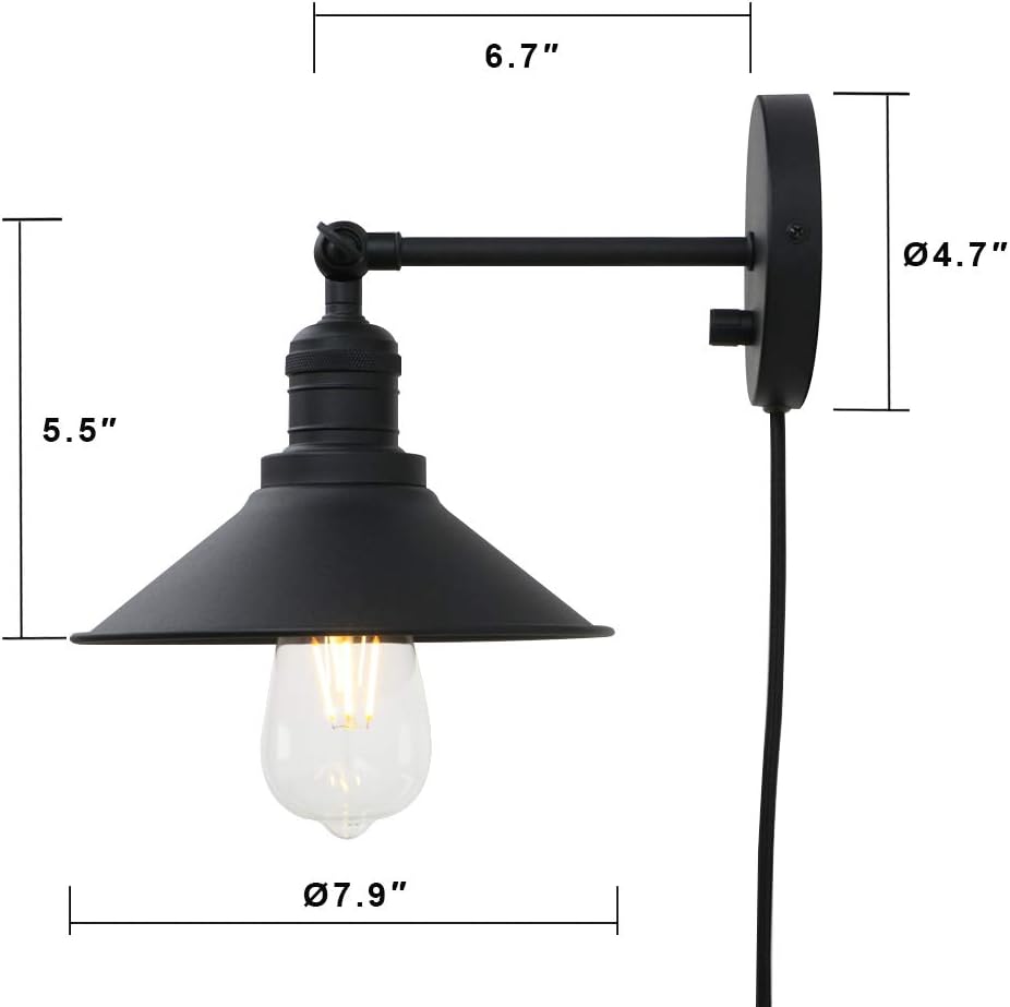 Hottest Sale Phansthy Matte Black Bathroom Vanity Light Plug in Sconce Wall Sconces with dimmable Switch and 7.9 Inches Metal Light Shade 2 Packed