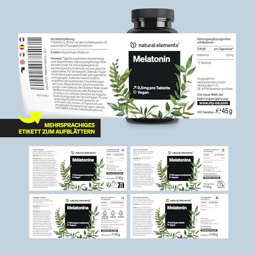 natural elements Melatonin – 365 Tabletten – 0,5mg Melatonin pro Tablette – hochdosiert – Ohne unerwünschte Zusätze – Laborgeprüft – Alternative zu Einschlafspray - 100% vegan – Großpackung