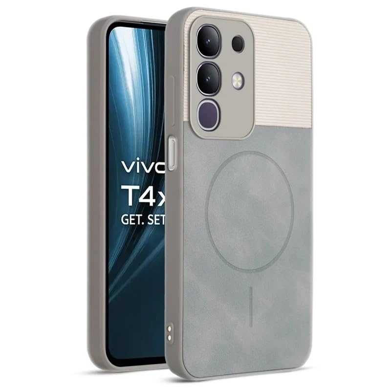 Image of Bintage case Macc-Safe Design Hard Light Weight Back Case | Soft Border Camera Protect | Dual PU Leather Finish Back Cover Compatible for iQOO Z10x 5G - White & Grey