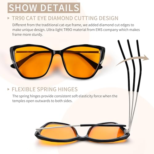 Image of Blue Light Blocking Glasses Cat Eye Orange Tinted Computer Gaming Eyeglasses UV Ray Filter Easier Sleep and Migraine Relief Women AB3304 (Black Frame Orange Lens)