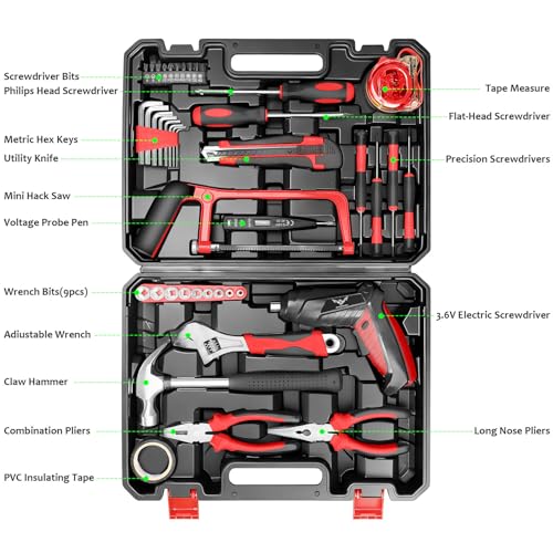 Image of Household Tool Set with 3.6V USB Electric Screwdriver, 43 PCS Home Tool Kit with Cordless Lithium-ion Drill Driver