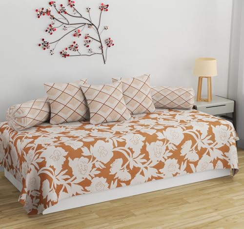 Image of Pure Soft Cotton Floral Diwan Set Covers 6 Pieces - 1 Single Bed Sheet (60 X 90) with 3 Cushion (16 X 16), 2 Bolster Covers (16 X 32) -Brown White