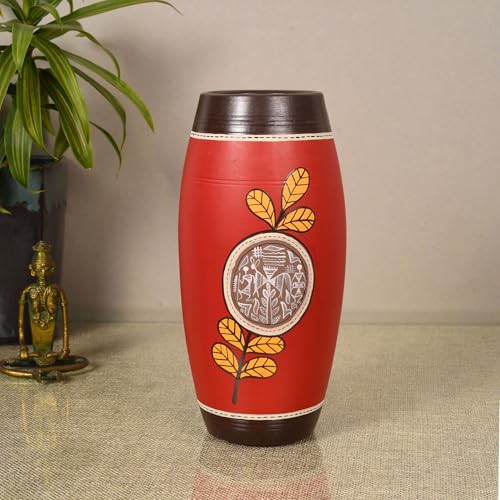 Image of Aakriti Art Creations Ruby Blossom Red Terracotta Barrel Vase | Handmade Matte Finish Floral Art Decorative Flower Vase | Living Room Table Decor, Shelf Showpiece & Housewarming Gift