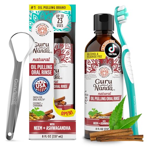 GuruNanda Cinnamon Oil Pulling Mouthwash, Promotes Calmness, with Neem & Ashwagandha for Fresh Breath & Happy Gums, Alcohol-Free, with Toothbrush & Tongue Scraper, 8 Oz
