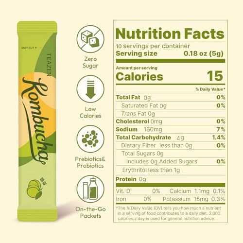 Image of TEAZEN Kombucha Powder, Korean Plum Flavor, Zero Sugar, Sparkling Fermented Powdered Mix Beverage from Korea, Live Probiotics & Prebiotics, On-the-Go 10 Packets, 1.76oz