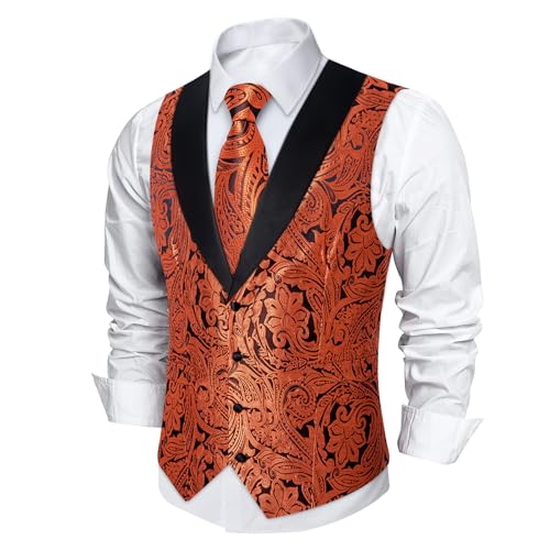 Image of DiBanGu Mens Paisley Suit Vest Silk Jacquard Waistcoat and Necktie Set Formal Shawl Collar Dress Vest 7PCS for Wedding Party