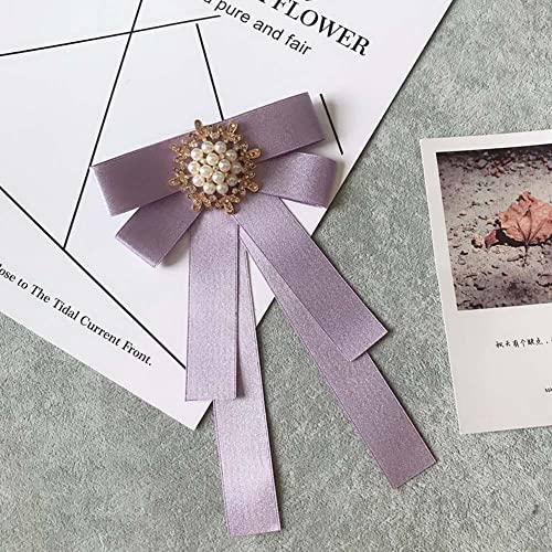 Image of Women Elegant Pearl Ribbon Bow tie Brooches Pin Jewelry Pre-Tied Collar Neck Tie Clip for Lady Girls Wedding Party