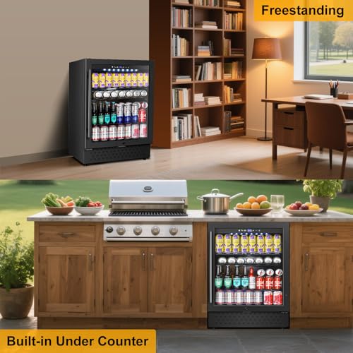 Image of Beverage Refrigerator 24 Inch 200 Can Drink Fridge with Glass Door, Under Counter /Freestanding Beverage Cooler with Temperature Control, Reversible Door, Quick Cooling for Beer Soda Wine, Black