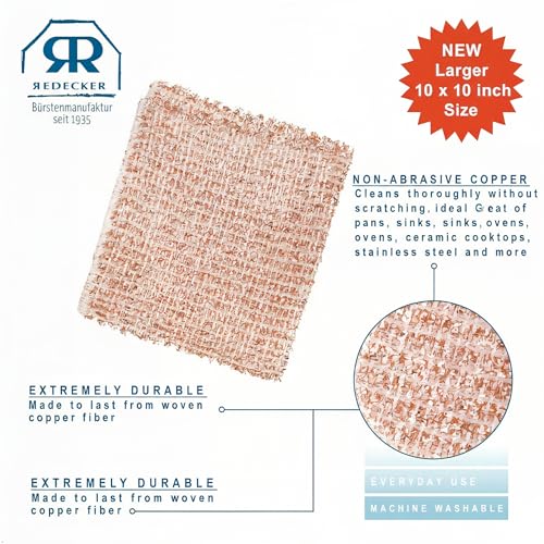 Image of Redecker Copper Cleaning Cloth, XL Size - Large Non-Scratch Scrubber for Pots, Pans, Grill & Kitchen Surfaces - Reusable Copper Cloth for Heavy Cleaning, Made in Netherlands