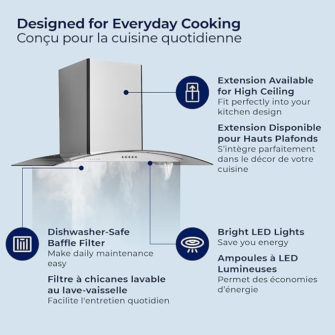 Image of Hauslane Wall Mount Range Hood 36 Inch | European Canopy Design with Tempered Glass & Stainless Steel | 3-Speed,Dishwasher-Safe Filters | Ducted or Ductless with Charcoal Filters WM-600