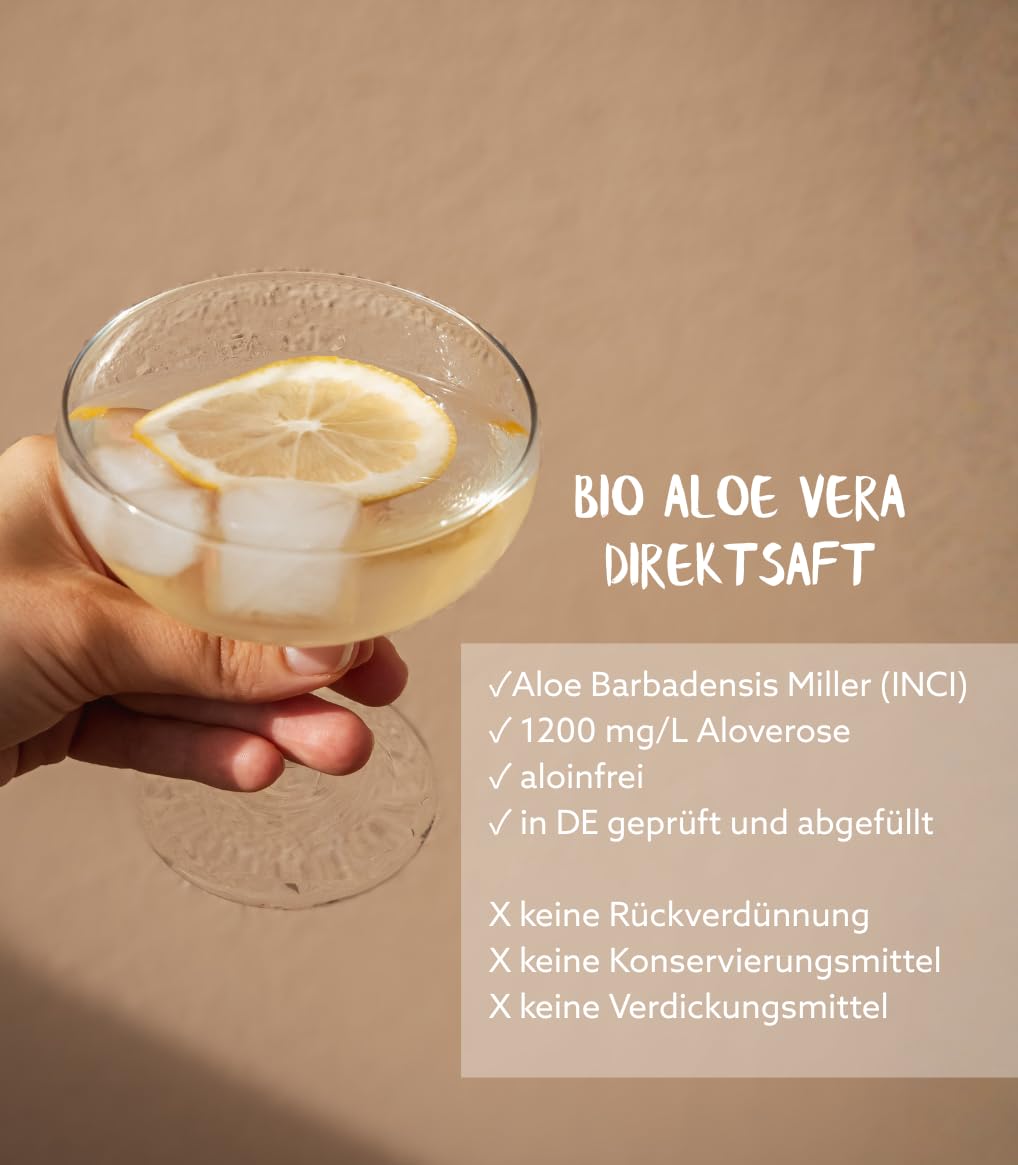 Aloe Vera Saft, 100% BIO Direktsaft, garantierte Aloverose: 1200mg/Liter, 6 x 1 Liter, nachhaltiger Anbau durch Familienbetrieb, Braunglas, Vegan, DE-ÖKO-005