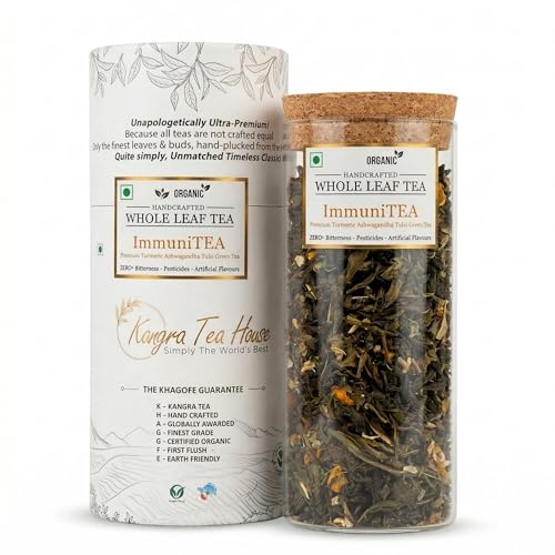 Image of Kangra Tea House ImmuniTEA (Combo Pack of 2 - 100g) Artisanal Whole Leaf Green Tea Blend with Turmeric, Ashwagandha & Tulsi | GI Tagged & NPOP Organic Certified | Holistic Wellness & Defense Support | First Flush, 0 Bitterness | From Palampur, Himachal Pradesh
