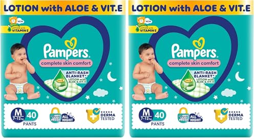 Image of Pampers Complete Skin Comfort Pants, Anti-rash blanket, Lotion with Vitamin E & Aloe Vera, Medium size baby diapers (MD) 40 Count, 7-12 kg (Pack of 2)