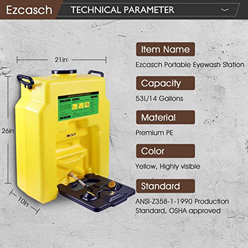 Image of Portable Eyewash Station 14-Gallon OSHA Approved with One Station Sign and Two Inspection Tags, Wall Mounted Gravity-Flow Indoors and Out, 53L Refillable Eyewash Station Heavy Duty, Yellow