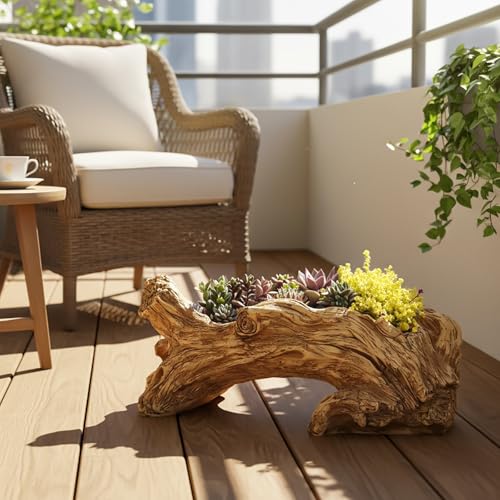 Image of Hiceeden Artificial Driftwood Succulent Planter, Resin Tree Stump Sculpture Rustic Cactus Flower Pot for Herb, Strawberry, Small Plants, Natural Color Drainage Hole, 14.6 inch L x 4.3 inch W x 5.1 inch H