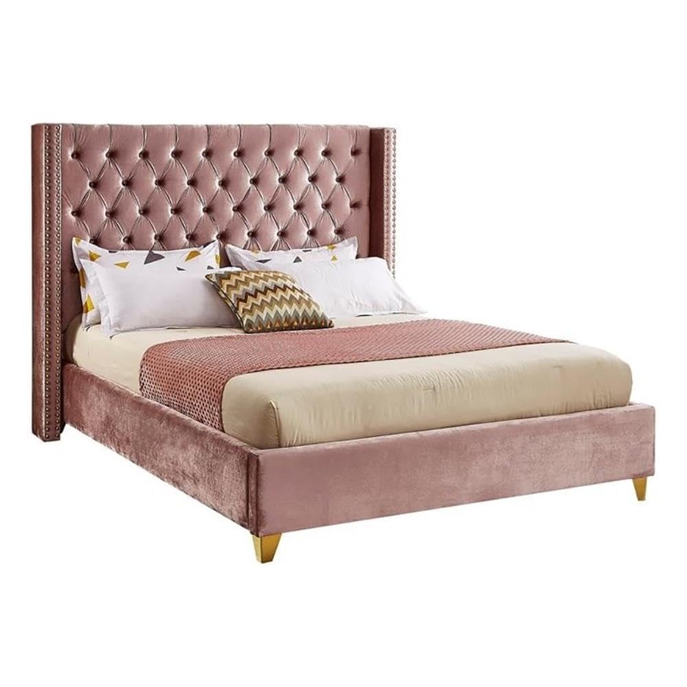 MAKLAINE Modern Velvet Fabric Upholstered Deep Tufted Queen Bed in Pink