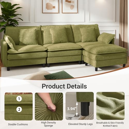 Image of Claiks 110 inch Modular Sectional Sofa, Cloud Couch with Ottoman, U-Shaped 5-Seater Sofa in Chenille Fabric, Deep Seat Comfy Couch with Pillows for Living Room & Offices, Green