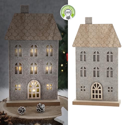 Cepewa LED Haus auf Holzfuss | Polyesterfilz MDF 17x30x5cm 9 LEDs batteriebetrieben | Leuchthaus mit Timerfunktion