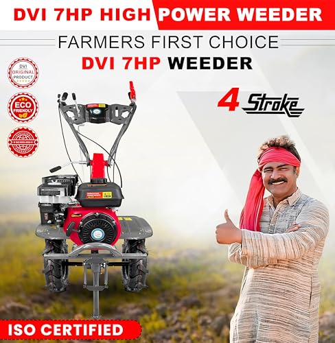 Image of DVI 7HP 4 Stroke Power Weeder with AIR Cooled Petrol Engine Suitable for Farm & Agriculture | Used for Weeding in All Types of Crops with High Carbon Metal Blades. (with Cultivator Attachment)