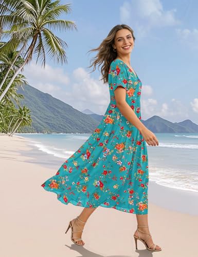 Image of YESNO Women's Summer Maxi Dresses Casual Floral Short Sleeve V Neck Boho Beach Vacation Swing Dress with Pockets EVF
