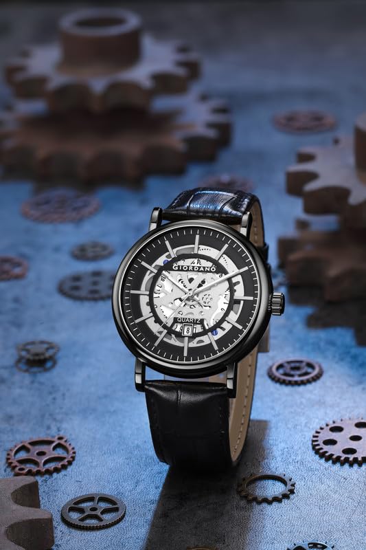 Image of Giordano Analog Quartz Watch for Men with Skeleton Round Dial, Date Function, Luminous Hands and Markers, Leather & Stainless Steel Strap - GZ-50182