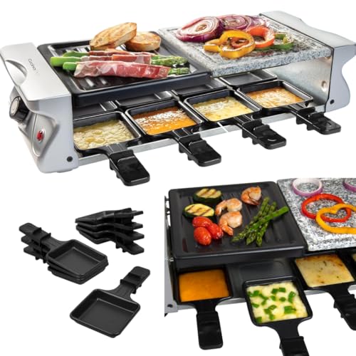 Electric Cheese Raclette Table Grill w Nonstick Grilling Plate & Cooking Stone- Indoor Smokeless Korean BBQ 8 Person Tabletop Cooker Hotplate- Melt or Grill Meat, Veggies for Home Dinner Party or Apps