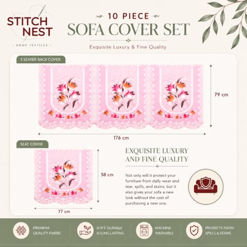 Image of STITCHNEST Florenza Pink 10 Piece Cotton Net Sofa Slip Cover |5 Seater