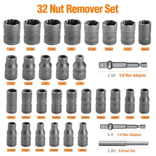 Image of Eapele Bolt Extractor Set, Stripped Nut Remover Twist Sockets, Fit 3 /8 inch Square Drive with Solid Storage Case (32pcs, Black)