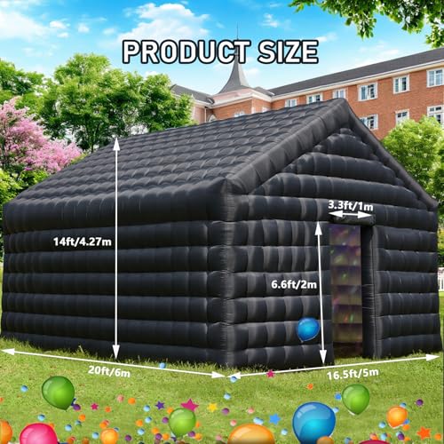 CZGBRO Large Inflatable Nightclub, 20X16.5X12FT Black Disco Cube Gazebo Event House Portable Inflatable Party Tent for Birthday, Wedding, School Events, Backyard Party, Rental Business