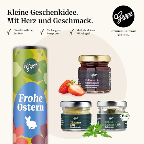 Gepp’s Feinkost Oster Geschenkset „Frohe Ostern“ I Kleines Ostergeschenk für Männer & Frauen mit Fruchtaufstrich, Rührei-Kräutern & Zitronensalz I Gourmet Oster Geschenkset ohne künstliche Zusätze