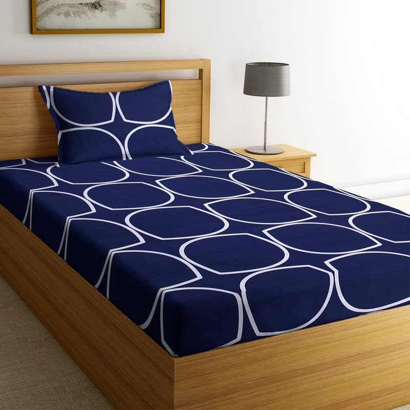 DECOMIZER Cotton Feel All Around Elastic Fitted Glace Printed Single Bed Bedsheet With 1 Large Pillow Cover Fits Upto Mattress Of 6 Inches, Size - 50 X 75cms, Navy Oval, 300 Tc, Queen