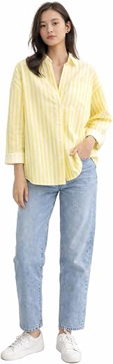 Vedika kapoor Women’s Yellow & White Striped Cotton Shirt | Casual Long Sleeve Collared Button-Down Top