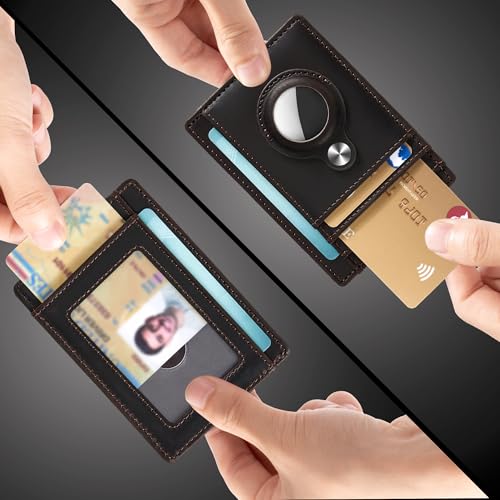 Image of Hawanik Genuine Leather Slim Minimalist Wallet Front Pocket Wallet with Built-in Holder for AirTag