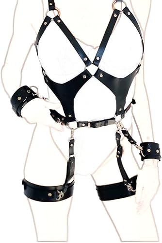Miniatura 4 de ALLOVME Leather Body Harness, Sexy Chain Belt Chest Harness and Leg Harness Lingerie Set with Handcuffs
