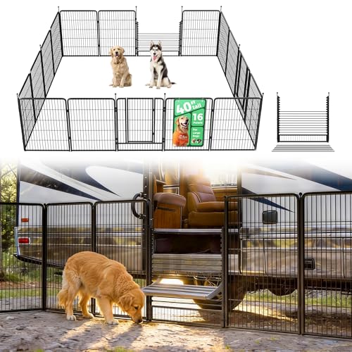 Image of FXW Instant Dog Playpen with RV Step Grid for RV Camping, 40 inch H, 16 Panels | Quick-Setup & Heavy-Duty Play Yard, Helps Close Stair Gaps, Fits 32 inch RV Step Opening, For Medium & Large Dogs, Patented