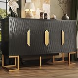 YEHTOKHOME Buffet Salle à Manger, Meuble de Rangement, 4 Portes avec Étagères Réglables, Design Moderne, Pieds Métalliques Dorés, Sécurité Anti Basculement, 140x40x80 cm (Noir)