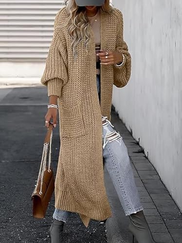 AUGCONE Women's Oversized Cardigans Sweater Long Coat Knit Fall Winter Cozy Outfits with Pockets 2026(Khaki, L)