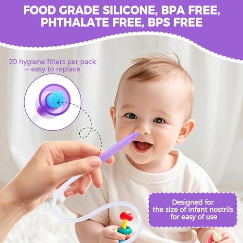 Image of Nasal Aspirator for Baby 0-12 Months with 20 Hygiene Filters Manual Nose Sucker, Reusable Infant Nose Cleaner, Easy to Use and Clean, Small Custom-Sized for Nasal -Portable for Travel Use -Purple