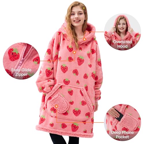 Image of Giggling Getup Wearable Blanket Hoodie for Adults Gifts for Teen Girls Sister Women Sherpa Fleece Printed Hooded Blanket Sweatshirt Warm Cozy with Pocket & Sleeves Strawberry