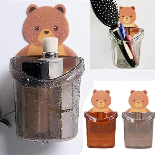 Image of Khedu Feb Toothbrush Holder Tumbler Teddy Bear Holder Sticker Stand for Bathroom Organizer Toothbrush Tongue Cleaner Soap Comb Razor Shaving Kit and Office Stationery Cosmetics Organizer