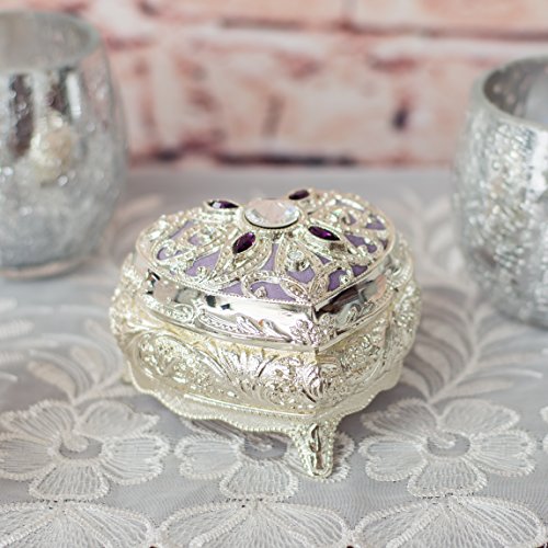 Lavender Purple Velvet Heart Shaped Silver Tone Metal Music Box Plays All I Ask of You