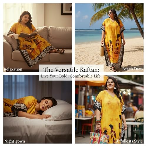 Image of Gypsie Blu Women Plus Size Kaftan Dress Beach Cover Up Maxi Dresses for Women, V-Neck Kimono Sleeve 1X-3X