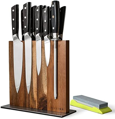 Filligs Magnetic Knife Block Holder with Stone Sharpener - Acacia Wood Kitchen Magnetic Knife Stand Rack with Powerful Double Sided 3 Magnets Strip - Knives Not Included