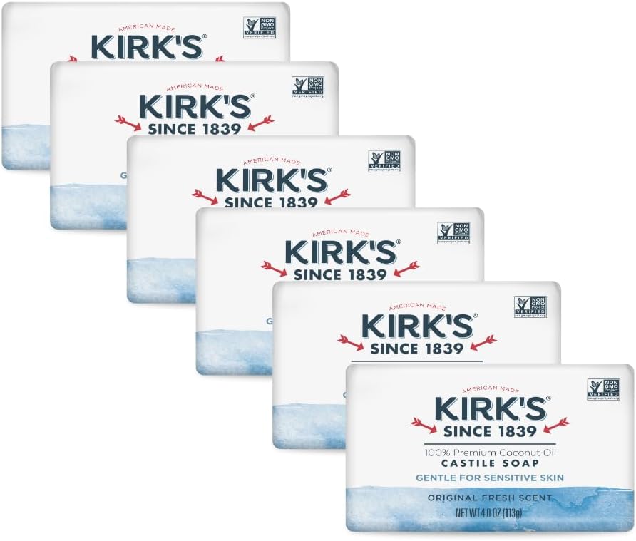 Kirk's Castile Bar Soap for Men, Women & Children - Made With Premium Coconut Oil, Sensitive Skin Formula, Vegan, Non GMO, Original Fresh Scent, 4 oz. Bars, 6 Pack