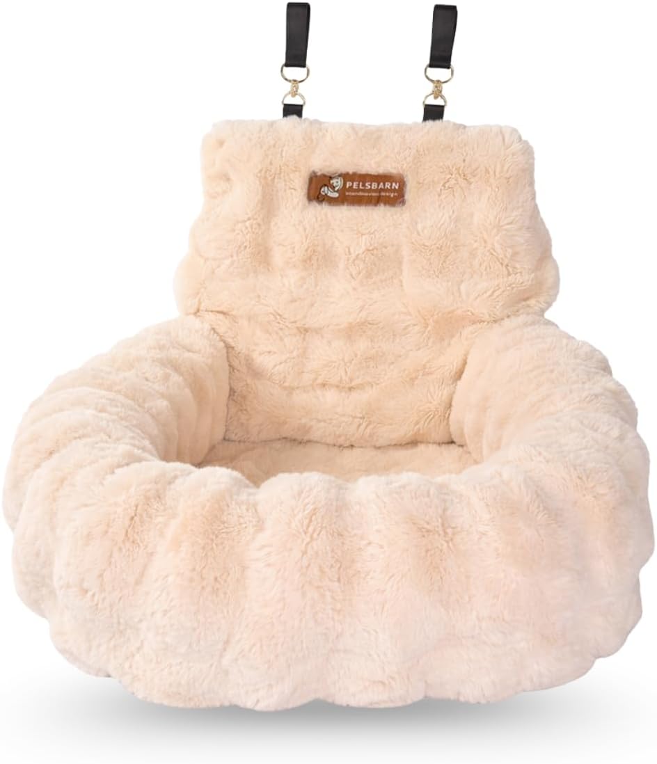 Pelsbarn Luxurious Cozy Car Bed - X-Small Luxury Travel Dog Bed with Safety Belt - Ultra Soft Faux Fur - Beige