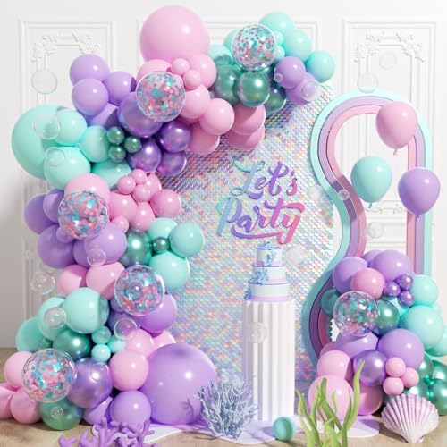 Mermaid Balloon Arch Kit with Light Pink Teal Blue Pastel Metallic Purple Green Confetti Balloons for Under the Sea Ocean Baby Shower Birthday Party Decorations