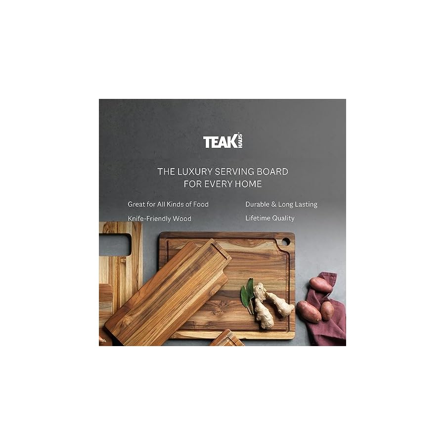 Teakhaus-Marine-Cutting-Board-with-Juice-Groove-Large-Rectangle-Cutting-Board-with-Corner-Hole-Reversible-Teak-Edge-Grain-Wood-Knife-Friendly-FSC-Certified Teakhaus Marine Cutting Board with Juice Groove - Large Rectangle Cutting Board with Corner Hole - Reversible Teak Edge Grain Wood - Knife Friendly - FSC Certified