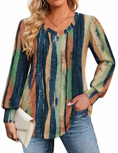 Image of IN'VOLAND Womens Plus Size Shirts V Neck Puff Long Sleeve Tops | Loose Fit, Dressy Casual Blouse, Pleated, Fall Outfits, Business Work TShirts, Basic Tees