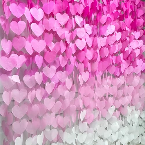 Image of 205 Ft Hot Pink Party Decorations Ombre Pink White Heart Backdrop Streamer Tissue Paper Heart Hanging Garland for Birthday Bachelorette Valentines Day Wedding Bridal Shower Engagement Party Supplie