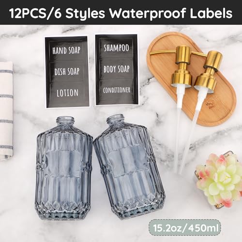 Image of Segbeauty 15.2oz Glass Soap Dispenser Bathroom Bottle, 2pcs Gray Shampoo and Conditioner Dispenser with Labels, 450ml Pump Bottle for Kitchen, Lotion Cream Container with Golden Stainless Steel Pump